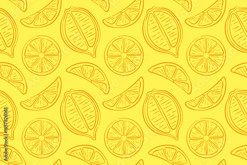 Seamless citrus pattern with line art style lemon slice on a yellow background. Perfect for fruit package, kitchen decor and summer theme.