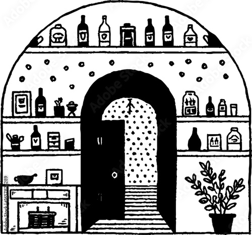 Minimalistic black and white illustration of a cozy pantry room with archway and shelves