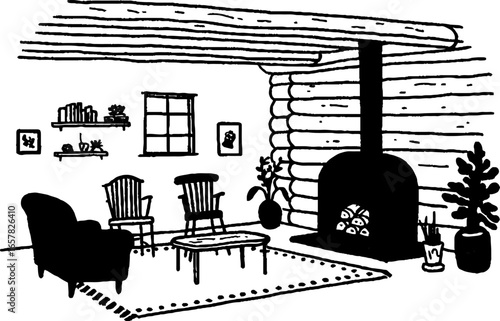 Cozy log cabin interior with fireplace - minimalistic black and white illustration