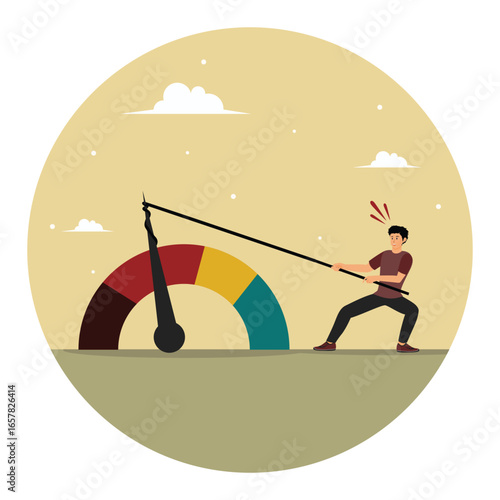 Reduce risk level or decrease stress anxiety meter concept. Businessman pull meter.