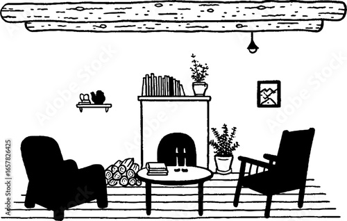 Cozy minimalist living room scene in black and white with fireplace and armchairs
