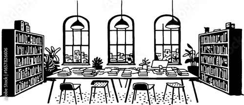 Minimalistic black and white office interior design with bookshelves and plants