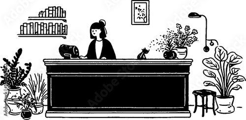 Minimalistic black and white illustration of a reception desk scene with plants