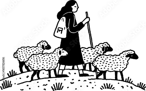 Minimalistic black and white illustration of shepherd with sheep in pastoral scene