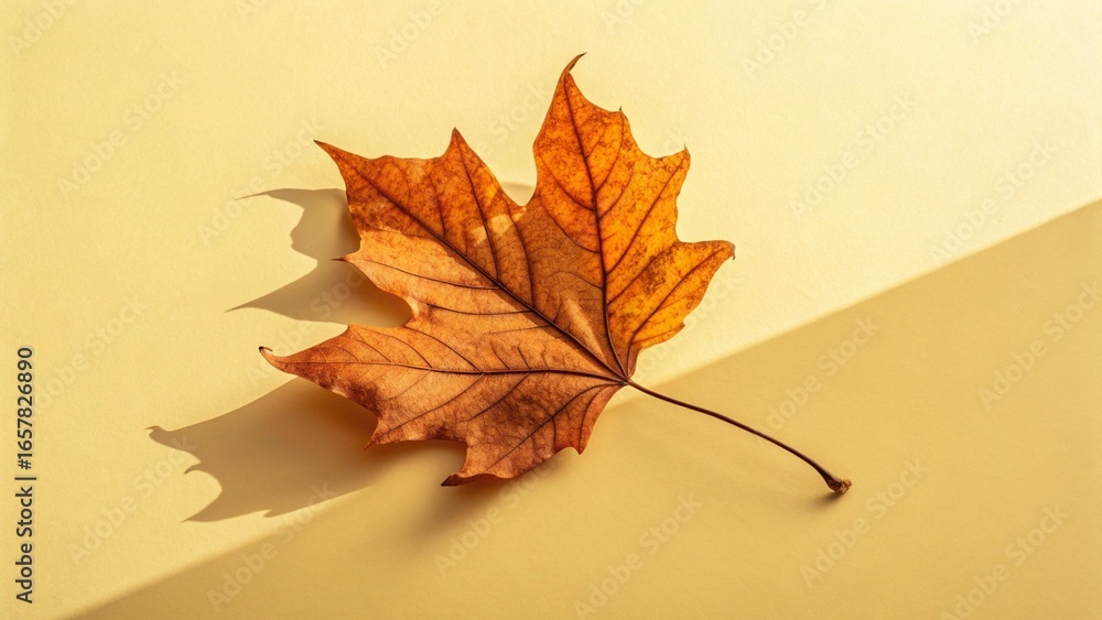 Fototapeta premium Minimalist Autumn Leaf on Pastel Yellow Background