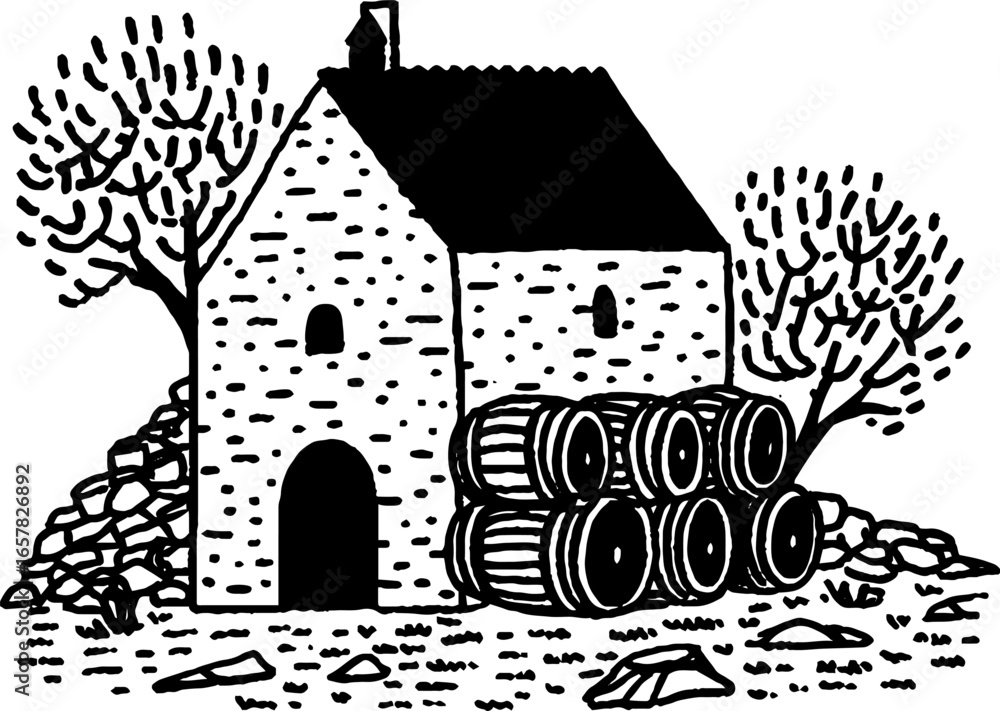 Fototapeta premium Minimalistic black and white illustration of a traditional cottage with barrels and trees