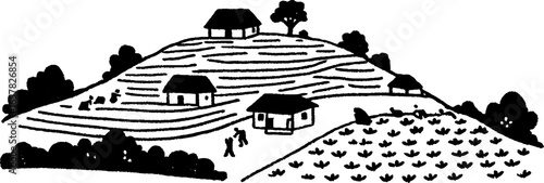 Minimalistic black and white landscape with hilltop houses and fields