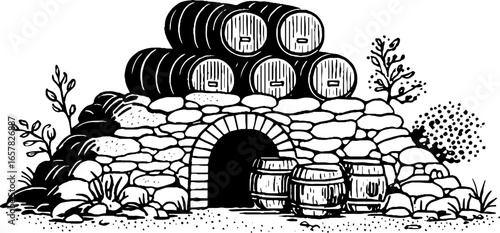 Minimalistic black and white illustration of wine cellar with barrels
