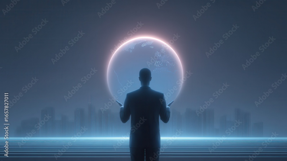 Fototapeta premium Visionary's Insight: A silhouetted figure stands poised, cradling a glowing sphere against a backdrop of a futuristic cityscape, conveying innovation and global interconnectedness.