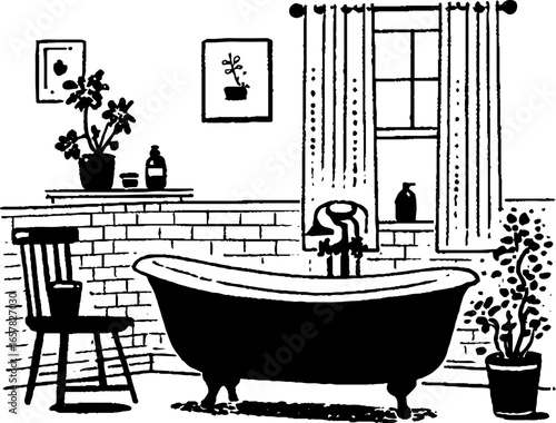 Minimalistic black and white bathroom scene with vintage bathtub and indoor plants