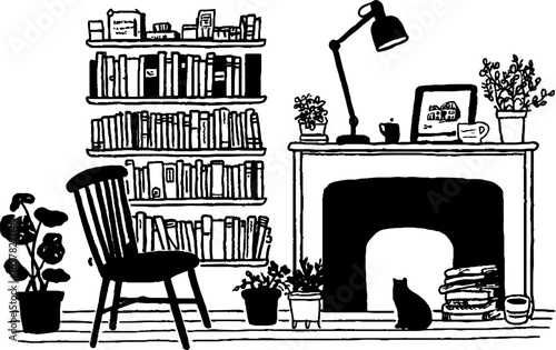 Cozy minimalistic living room with bookshelf and cat illustration for home decor