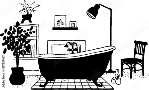 Minimalistic black and white bathroom interior design with vintage bathtub and decor elements