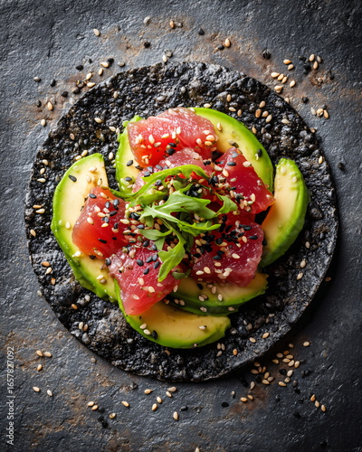 flat lay of poke taco with tuna, avocado, and sesame seeds, creative food fusion