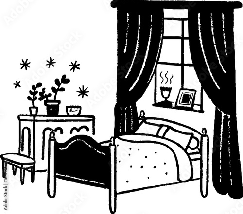 Minimalistic black and white illustration of a cozy bedroom scene with window and plants