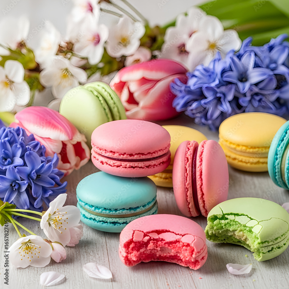 Fototapeta premium Pastel Macarons with Spring Flowers