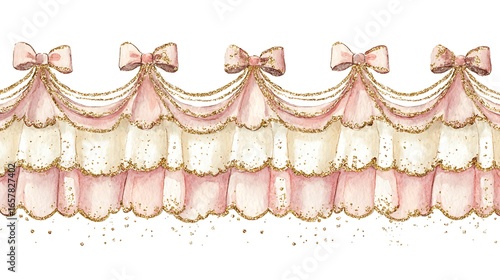 Elegant rococo style pink and cream ruffled valance with gold trim and bows