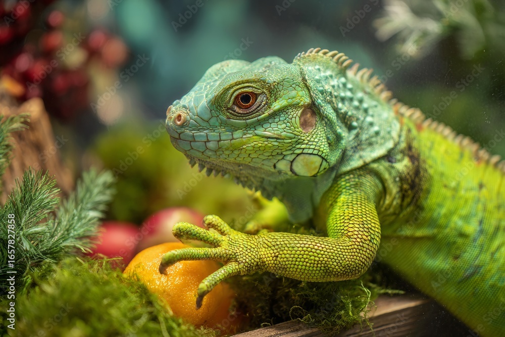 Obraz premium A vivid iguana is perched on a bed of moss among tropical fruits like apples and oranges in an indoor botanical setup, showcasing its striking green scales and curious expression