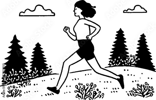 Minimalistic black and white illustration of a woman running in nature