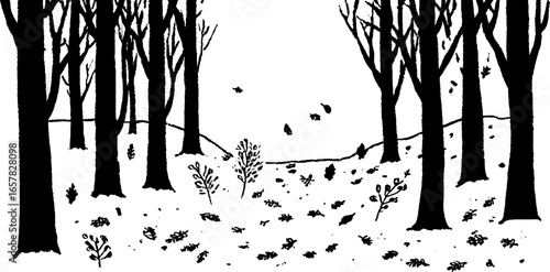 Minimalistic black and white forest scene with trees and fallen leaves