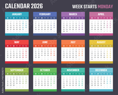 calendar for 2026 starts monday, vector calendar design 2026 year