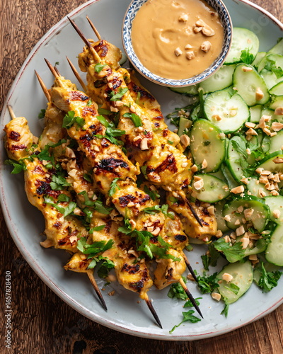 side shot of chicken satay skewers with peanut sauce and cucumber salad