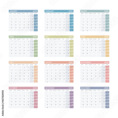 calendar for 2026 starts monday, vector calendar design 2026 year