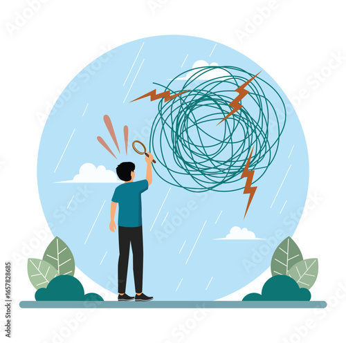 Analyze problem finding solution or opportunity, businessman analyze mess with magnifying glass.
