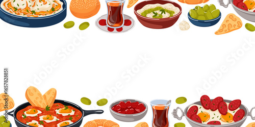 Turkish breakfast border with traditional tea, poached eggs, sucuk, olives, simit and vegetable on white background. Perfect for design greeting card, delivery packaging and culinary wallpaper.