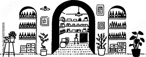 Minimalistic black and white illustration of a wine shop interior with shelves and plants