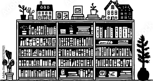 Minimalistic black and white bookshelf illustration with plants and houses