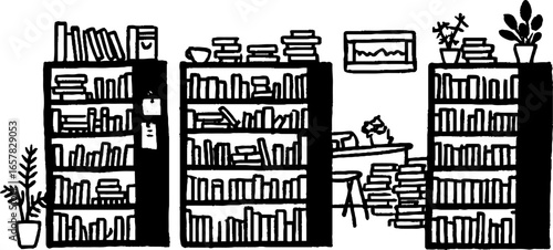Minimalistic black and white library bookshelves illustration for educational design