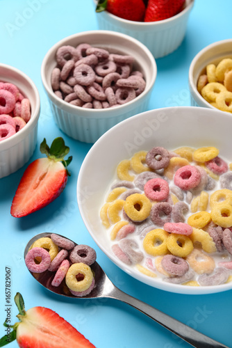 Bowls of colorful sweet cer...
