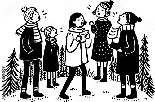 Minimalistic black and white illustration of carol singing in winter forest