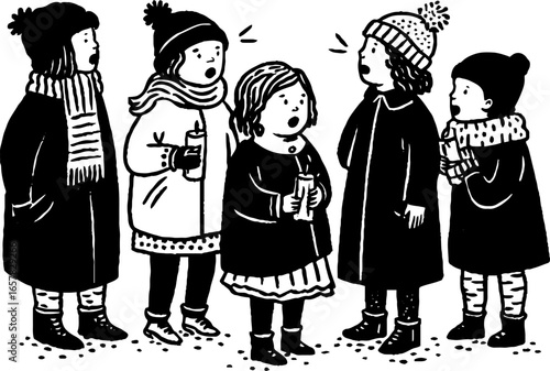 Minimalist black and white illustration of children in winter attire engaged in conversation