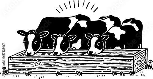 Minimalistic black and white cow illustration: farm animals in pasture design