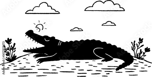 Minimalistic black and white crocodile illustration in nature scene