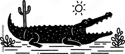 Minimalistic black and white crocodile illustration with desert scene