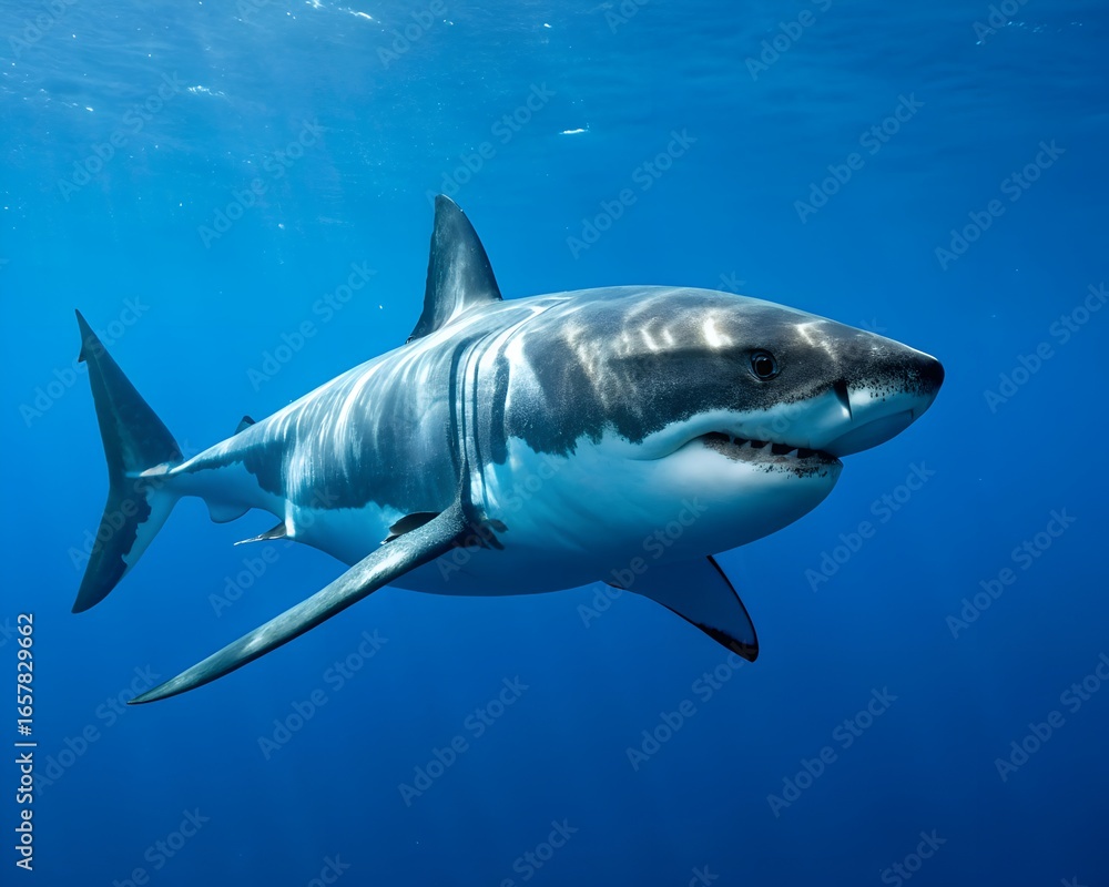 Fototapeta premium Realistic depiction of a great white shark swimming in deep blue ocean waters highlighting its powerful features and natural habitat