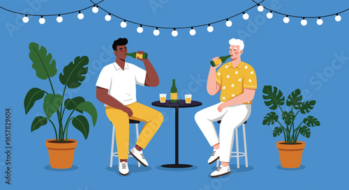 Two friends are enjoying a beer together at a table, sharing conversation and laughter, creating a moment of connection and camaraderie in a relaxed setting