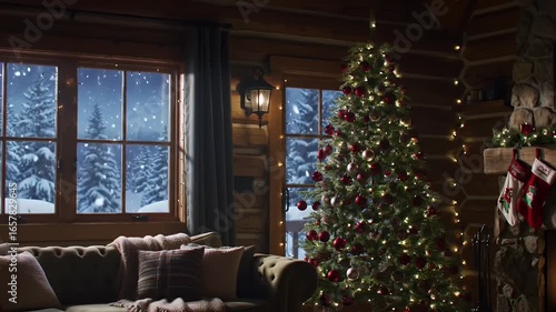 Festive Christmas Tree in Cozy Log Cabin with Snowy Window View at Night