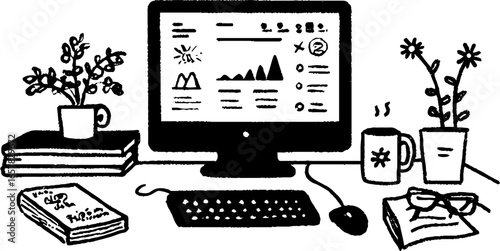Minimalistic black and white desk illustration with computer and office supplies