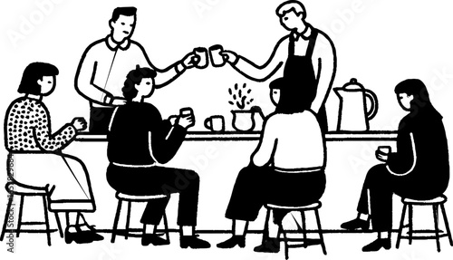 Minimalistic black and white illustration of people socializing in cafe setting