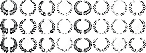 Set black silhouette circular laurel foliate, wheat and oak wreaths depicting an award, achievement, heraldry, nobility on white background. Emblem floral Greek branch flat style - stock vector.