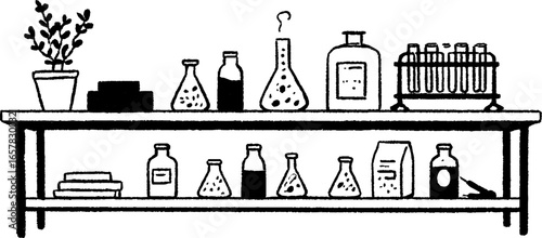Minimalistic black and white laboratory illustration with apparatus and plant