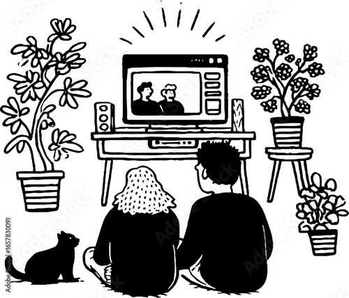 Minimalistic black and white home scene with people, cat, and plants