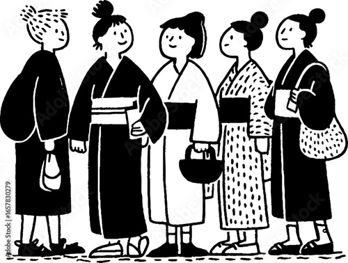 Minimalistic black and white illustration of people in traditional attire
