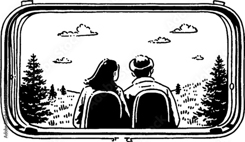 Minimalistic black and white illustration of travelers viewing scenic landscape