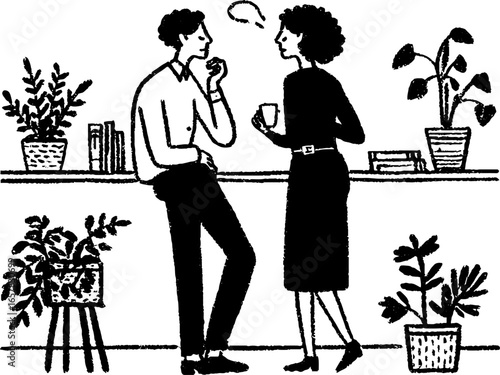Minimalistic black and white illustration of two people conversing in a plant-filled room