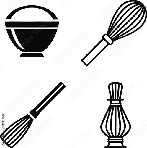 baking, utensil, collection, kitchen, tool, cooking, equipment, simple, solid, outline, whisker, bowl, food, preparation, icon, set, vector