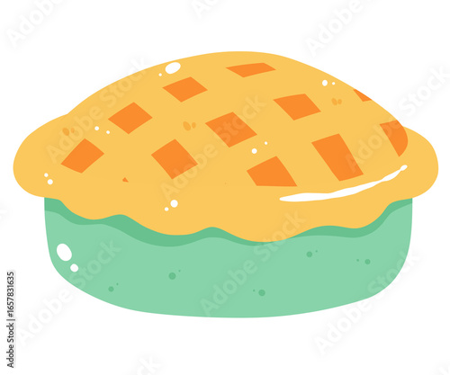 Cute kawaii pie cartoon illustration with golden crust, cozy holiday dessert, perfect for Thanksgiving, Christmas, New Year and autumn festive